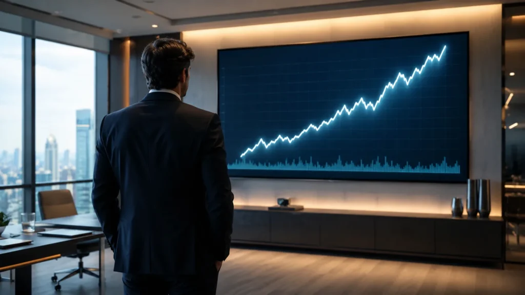 Entrepreneur looking at a rising economic chart