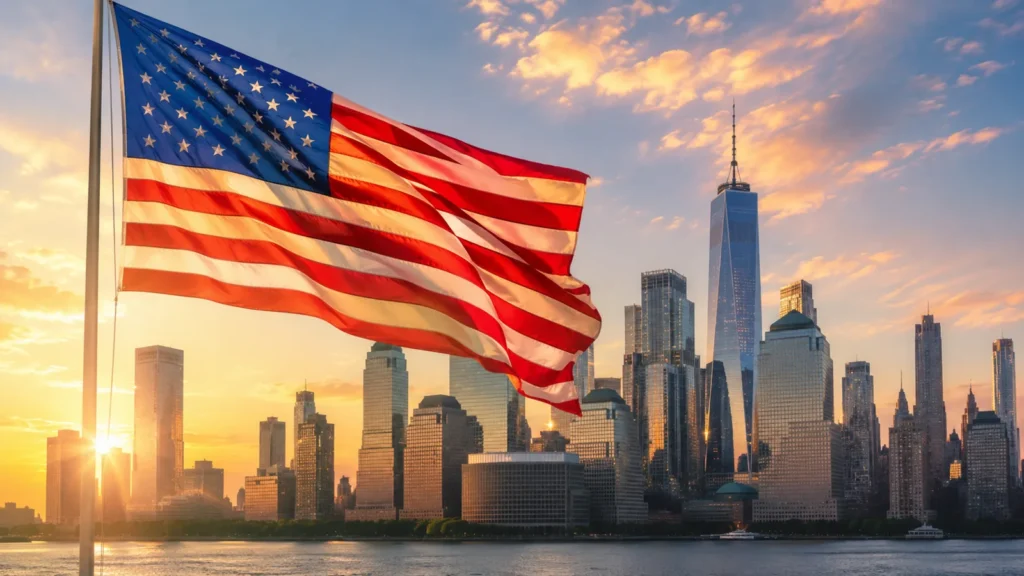 Investing in the United States: American flag and Miami skyline